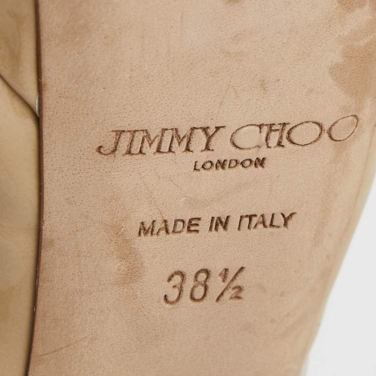 Pre Owned Jimmy Choo Beige Patent Leather Vita Peep Toe Platform Slingback Sandals Size 38.5