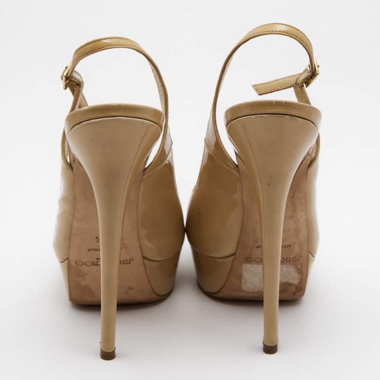 Pre Owned Jimmy Choo Beige Patent Leather Vita Peep Toe Platform Slingback Sandals Size 38.5