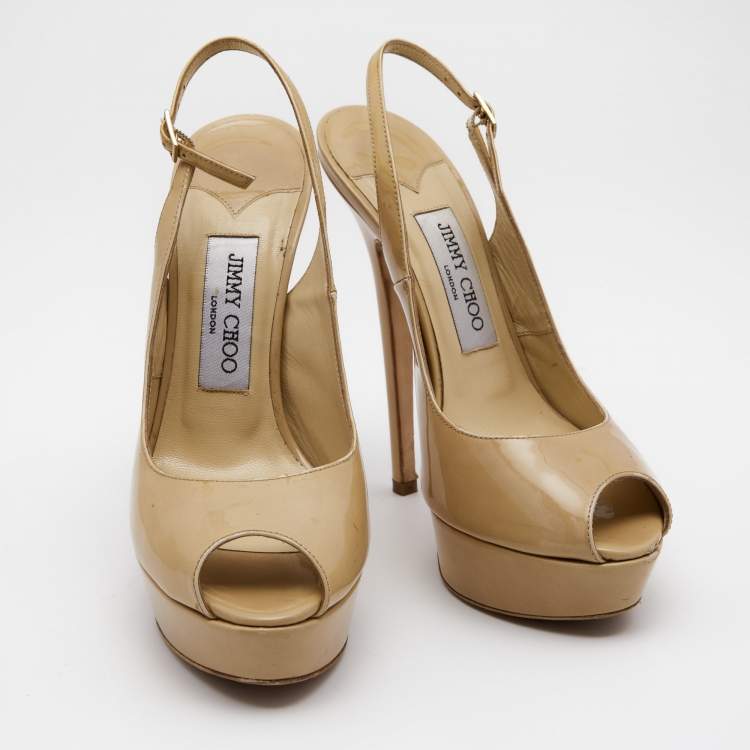 Pre Owned Jimmy Choo Beige Patent Leather Vita Peep Toe Platform Slingback Sandals Size 38.5