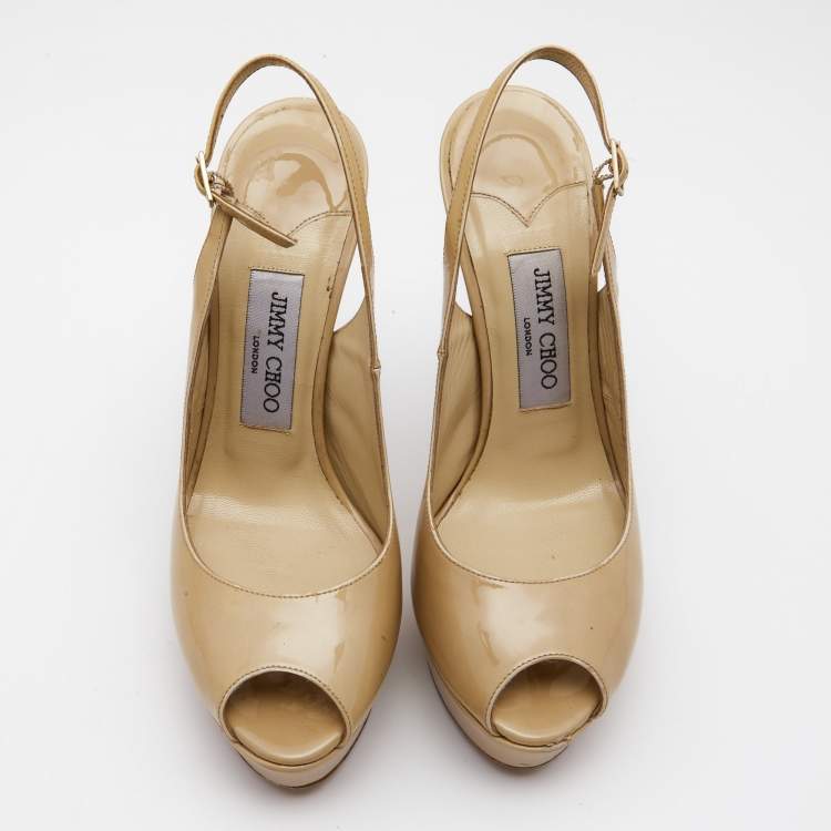 Pre Owned Jimmy Choo Beige Patent Leather Vita Peep Toe Platform Slingback Sandals Size 38.5