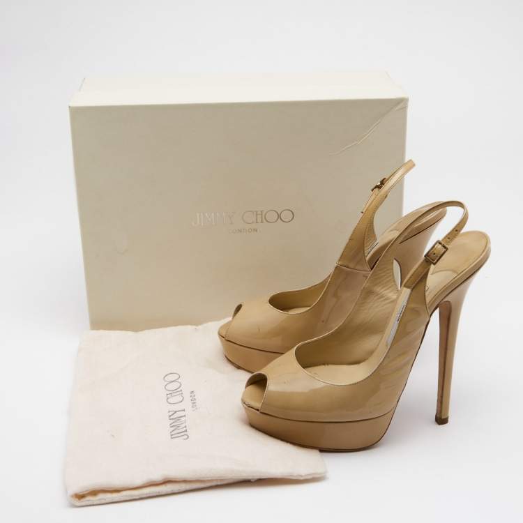 Pre Owned Jimmy Choo Beige Patent Leather Vita Peep Toe Platform Slingback Sandals Size 38.5
