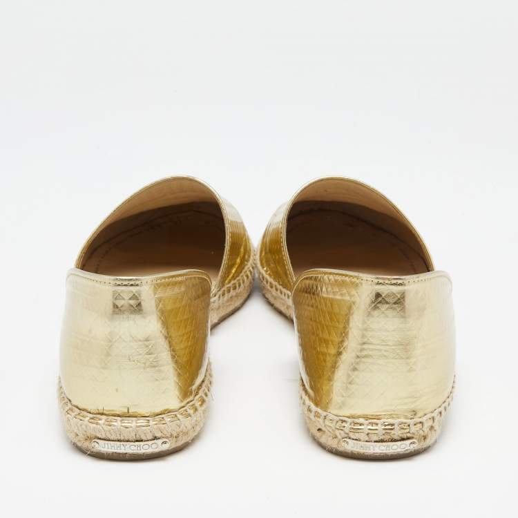 Pre Owned Jimmy Choo Gold Embossed Laminated Leather Dreya Flat Espadrilles Size 38.5