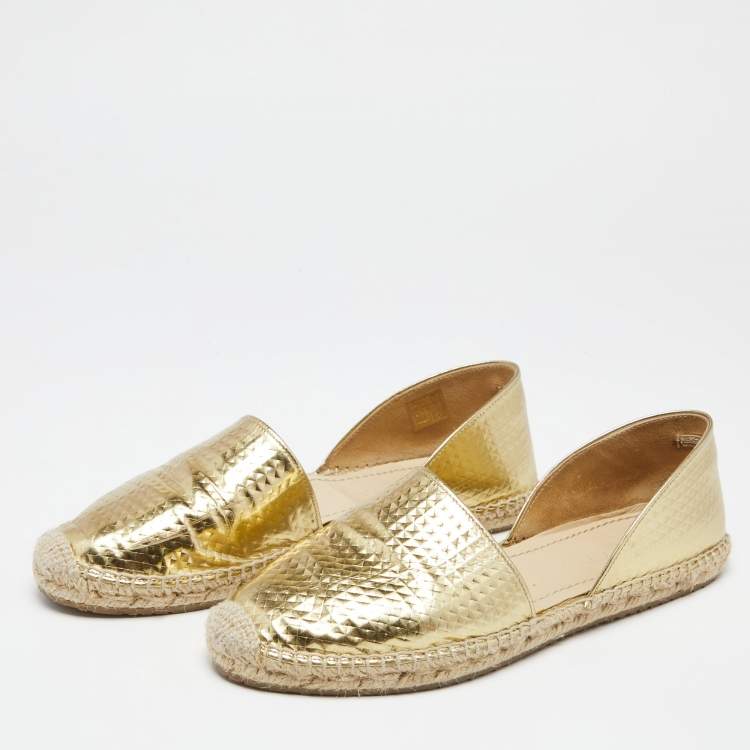 Pre Owned Jimmy Choo Gold Embossed Laminated Leather Dreya Flat Espadrilles Size 38.5