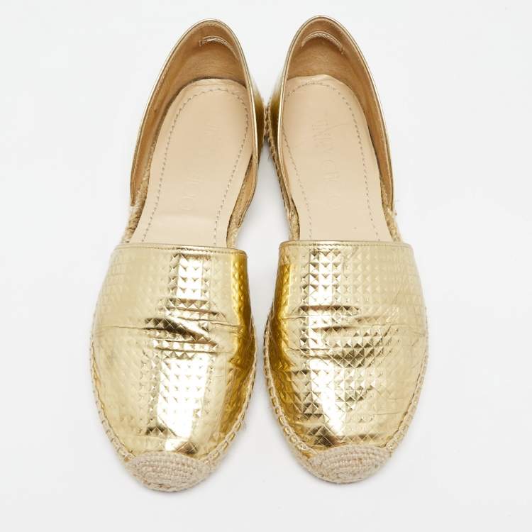Pre Owned Jimmy Choo Gold Embossed Laminated Leather Dreya Flat Espadrilles Size 38.5