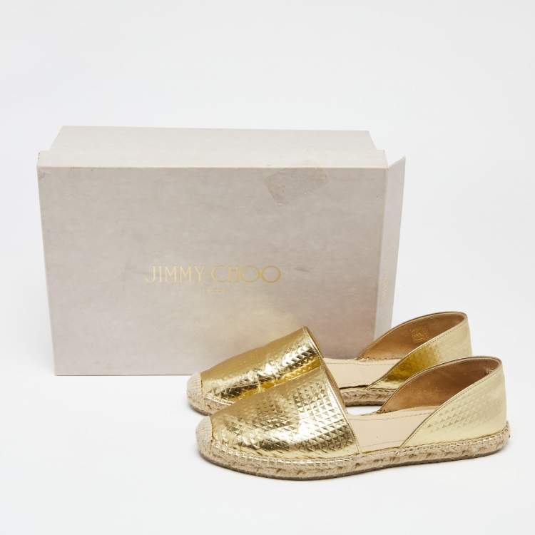 Pre Owned Jimmy Choo Gold Embossed Laminated Leather Dreya Flat Espadrilles Size 38.5