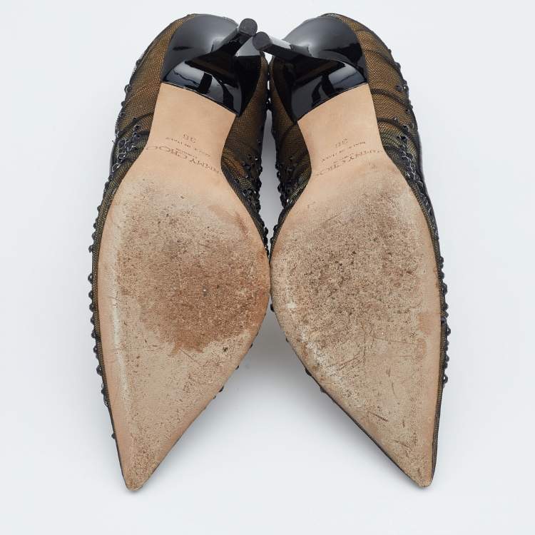 Pre Owned Jimmy Choo Black Crystal Embellished Mesh Kelson Pumps Size 36