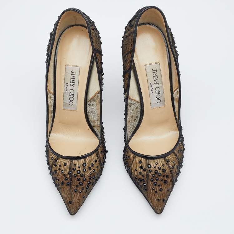 Pre Owned Jimmy Choo Black Crystal Embellished Mesh Kelson Pumps Size 36