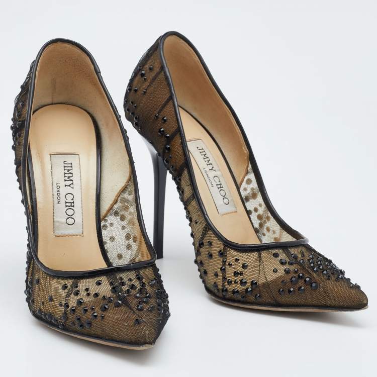 Pre Owned Jimmy Choo Black Crystal Embellished Mesh Kelson Pumps Size 36