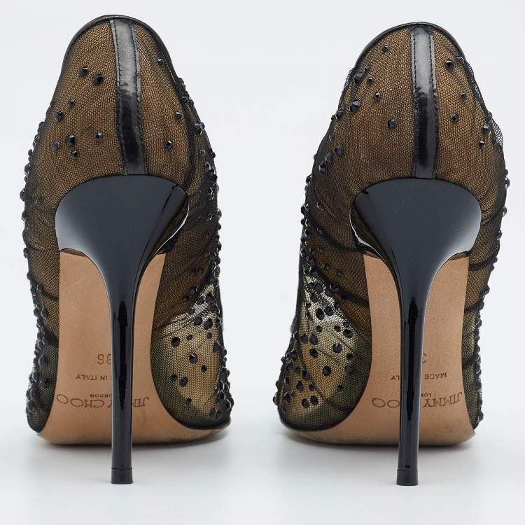 Pre Owned Jimmy Choo Black Crystal Embellished Mesh Kelson Pumps Size 36