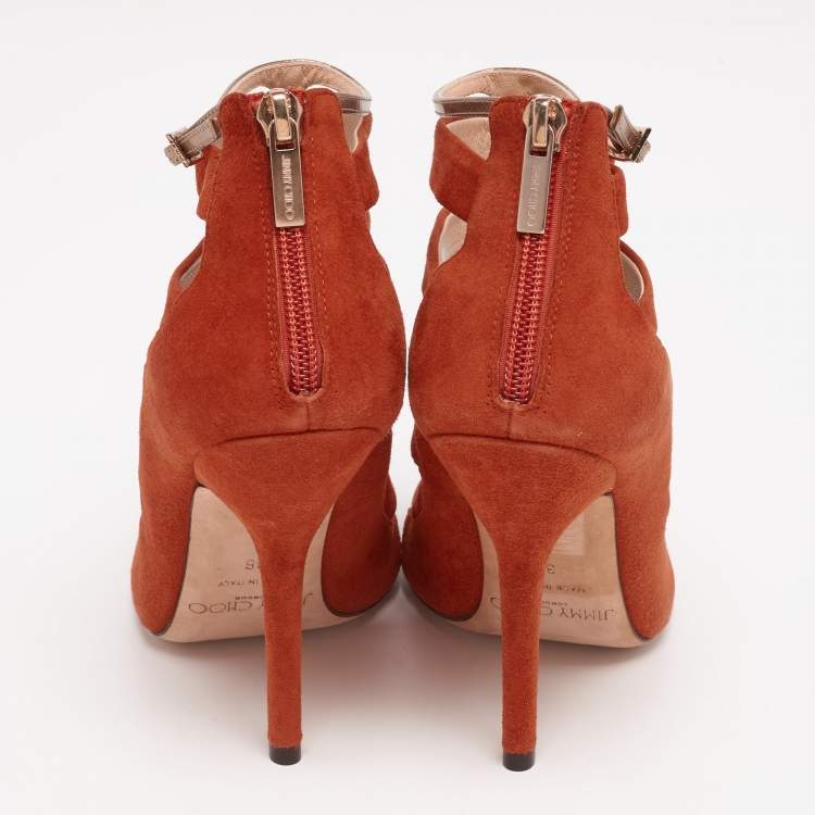 Pre Owned Jimmy Choo Burnt Orange/Gold Suede and Patent Leather Caged Ankle Strap Sandals Size 36