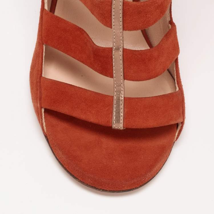 Pre Owned Jimmy Choo Burnt Orange/Gold Suede and Patent Leather Caged Ankle Strap Sandals Size 36