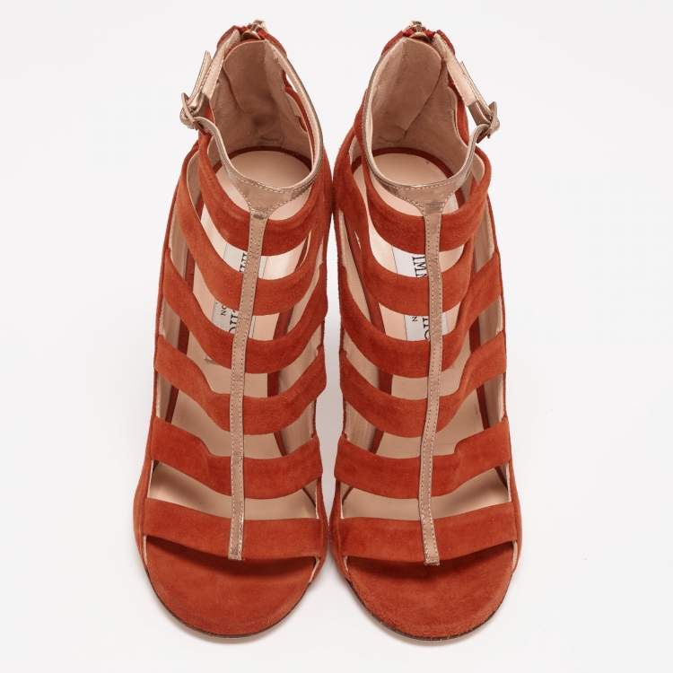 Pre Owned Jimmy Choo Burnt Orange/Gold Suede and Patent Leather Caged Ankle Strap Sandals Size 36