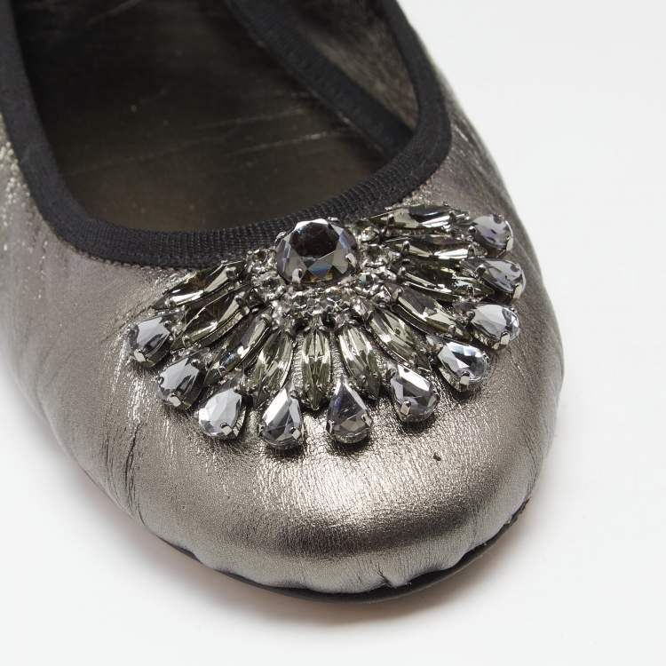 Pre Owned Jimmy Choo Metallic Grey Leather Grace Ankle-Wrap Ballet Flats Size 38.5