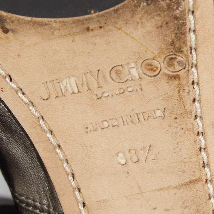 Pre Owned Jimmy Choo Metallic Grey Leather Grace Ankle-Wrap Ballet Flats Size 38.5