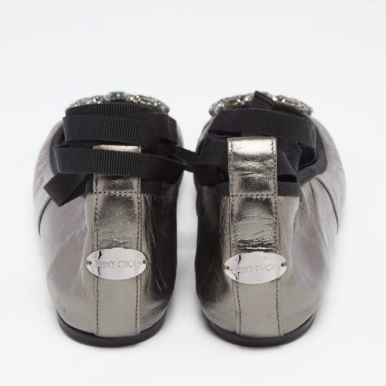 Pre Owned Jimmy Choo Metallic Grey Leather Grace Ankle-Wrap Ballet Flats Size 38.5