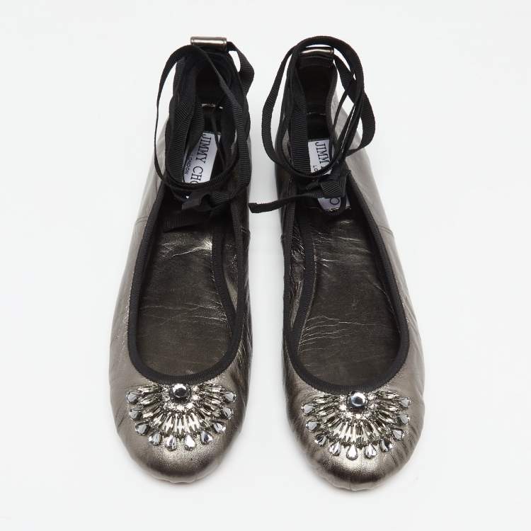 Pre Owned Jimmy Choo Metallic Grey Leather Grace Ankle-Wrap Ballet Flats Size 38.5