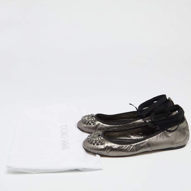 Pre Owned Jimmy Choo Metallic Grey Leather Grace Ankle-Wrap Ballet Flats Size 38.5