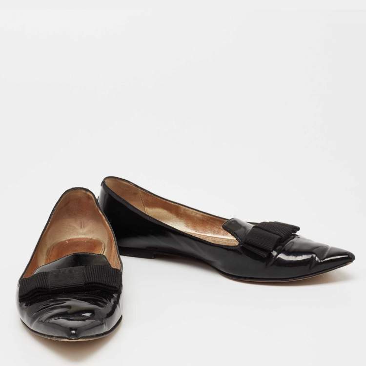 Pre Owned Jimmy Choo Black Patent Leather Gala Bow Ballet Flats Size 37.5