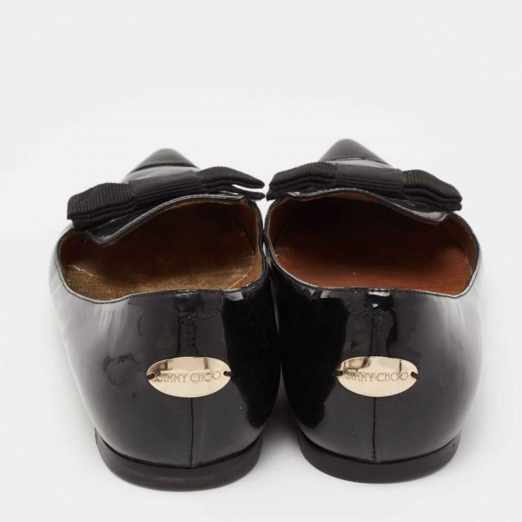 Pre Owned Jimmy Choo Black Patent Leather Gala Bow Ballet Flats Size 37.5