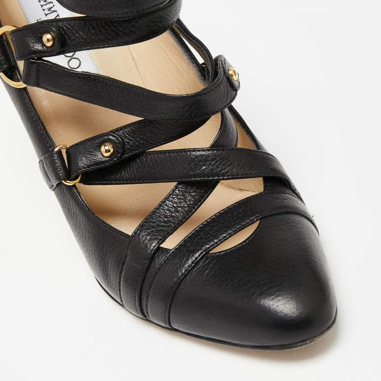مملوكة مسبقًا Jimmy Choo Black Leather Cross Strap Jazz Pumps Size 38.5