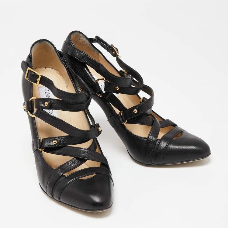 مملوكة مسبقًا Jimmy Choo Black Leather Cross Strap Jazz Pumps Size 38.5