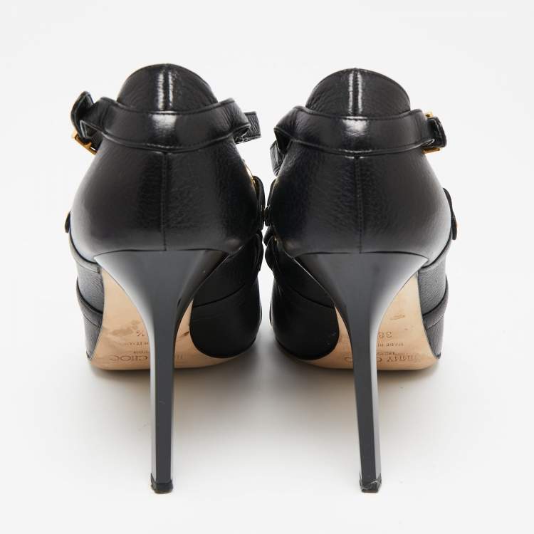 مملوكة مسبقًا Jimmy Choo Black Leather Cross Strap Jazz Pumps Size 38.5