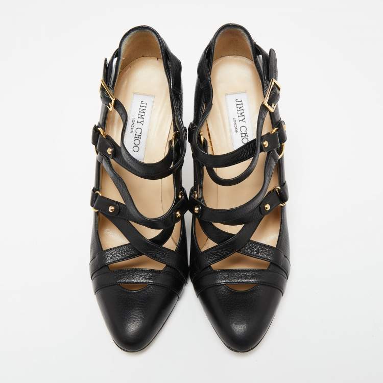 مملوكة مسبقًا Jimmy Choo Black Leather Cross Strap Jazz Pumps Size 38.5