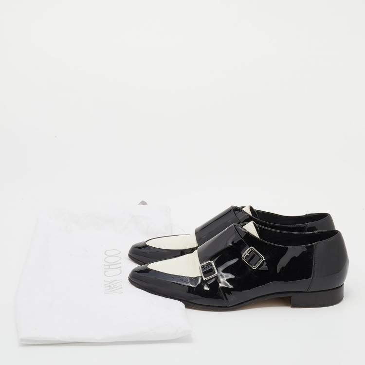 Pre Owned Jimmy Choo Black/White Patent Leather And Leather Mardi Monk Strap Flats Size 36