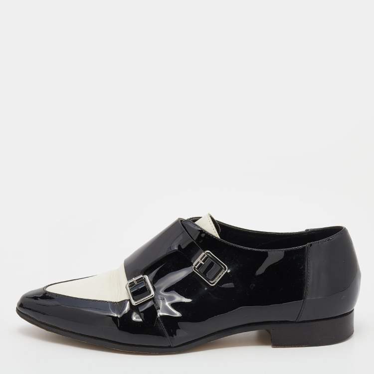 Pre Owned Jimmy Choo Black/White Patent Leather And Leather Mardi Monk Strap Flats Size 36
