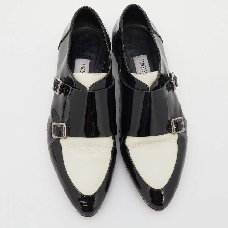 Pre Owned Jimmy Choo Black/White Patent Leather And Leather Mardi Monk Strap Flats Size 36