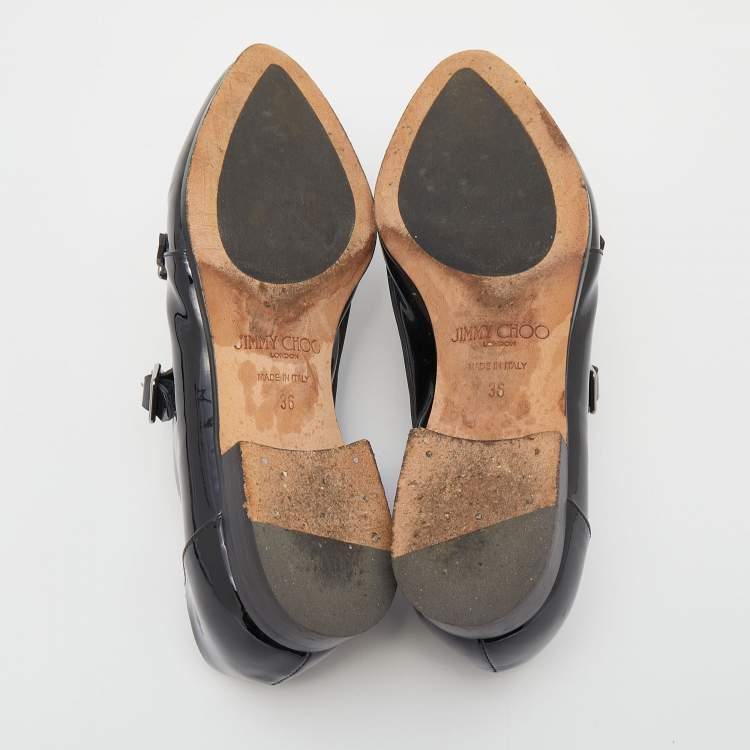 Pre Owned Jimmy Choo Black/White Patent Leather And Leather Mardi Monk Strap Flats Size 36