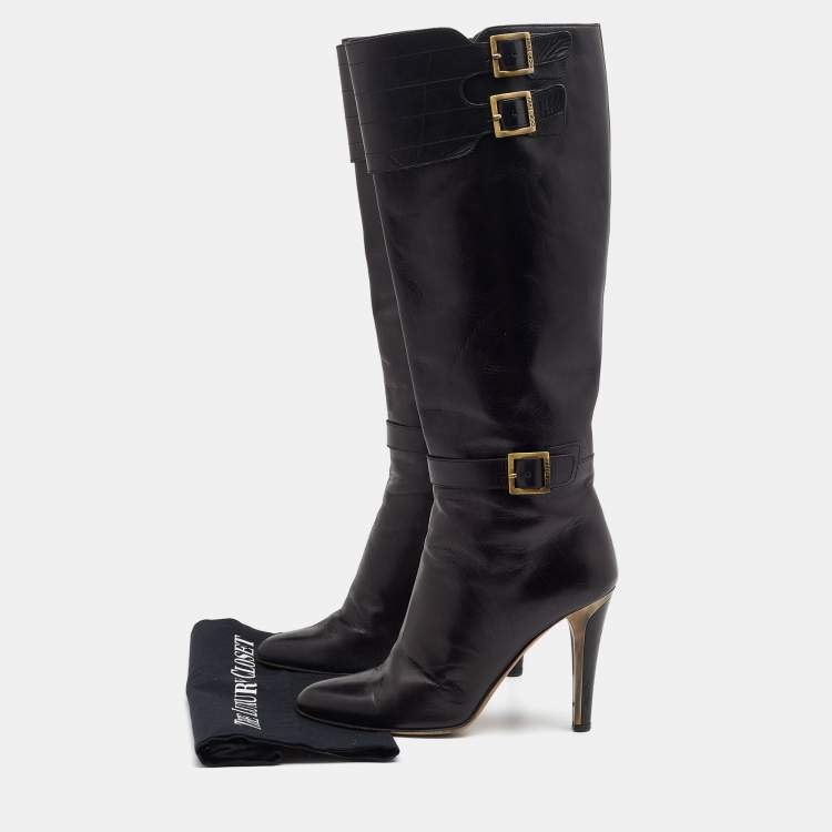 Pre Owned Jimmy Choo Black Leather Buckle Detail Calf Length Boots Size 38