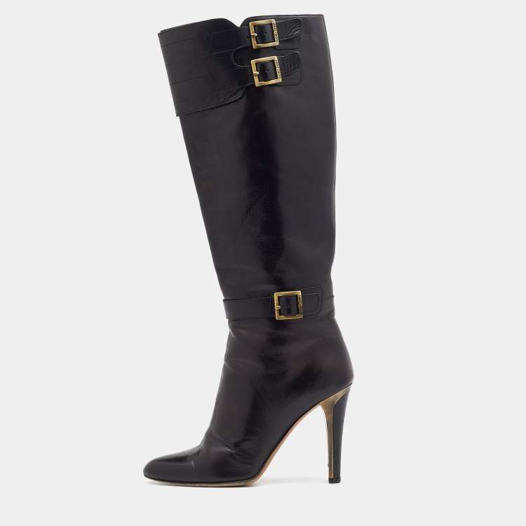 Pre Owned Jimmy Choo Black Leather Buckle Detail Calf Length Boots Size 38