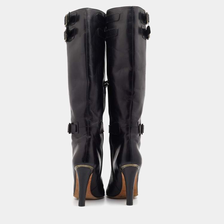 Pre Owned Jimmy Choo Black Leather Buckle Detail Calf Length Boots Size 38