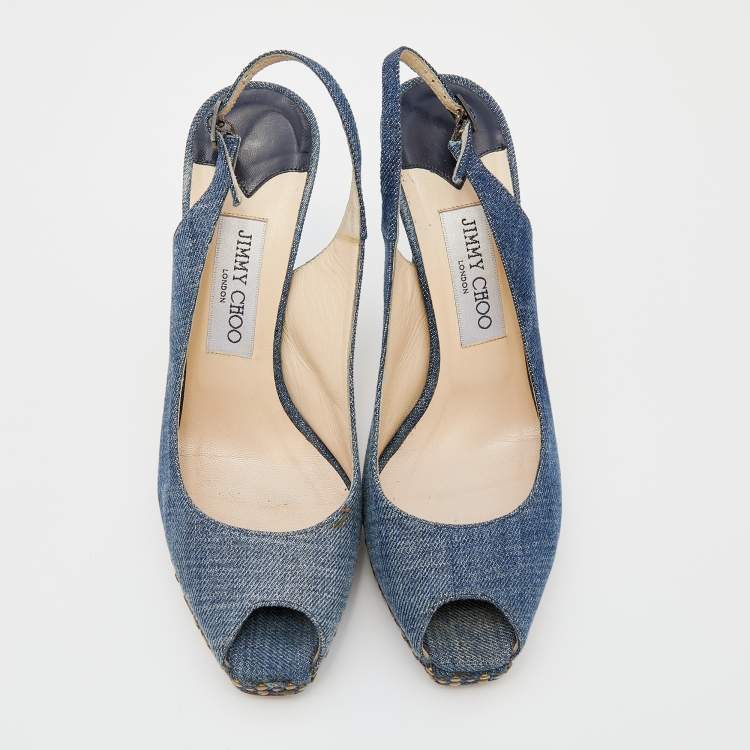Pre Owned Jimmy Choo Blue Denim Peep Toe Slingback Sandals Size 37.5