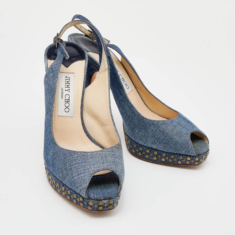 Pre Owned Jimmy Choo Blue Denim Peep Toe Slingback Sandals Size 37.5