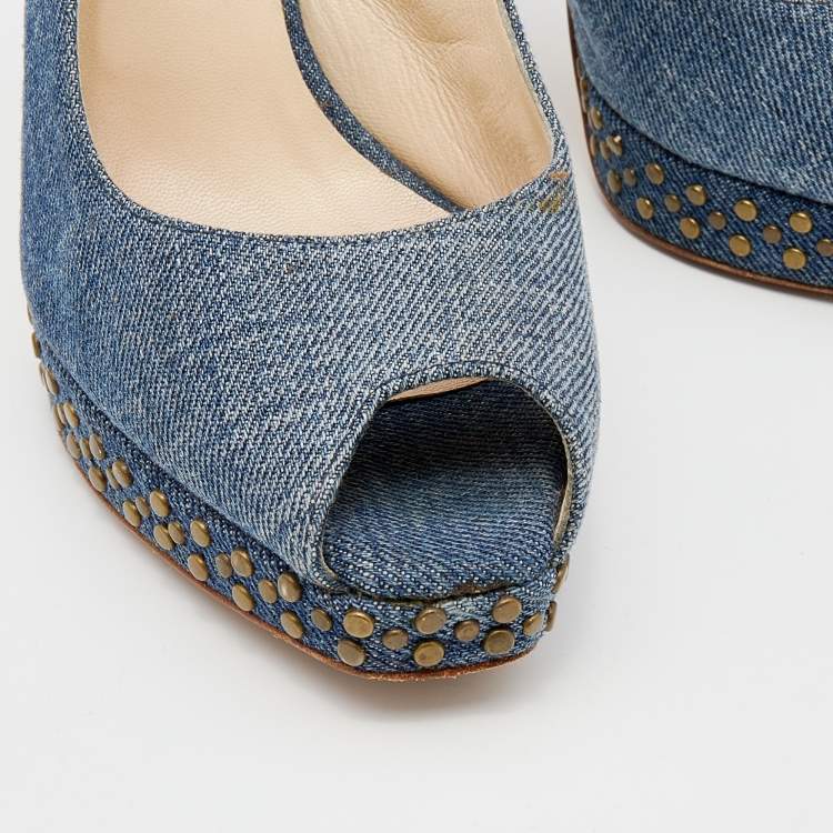 Pre Owned Jimmy Choo Blue Denim Peep Toe Slingback Sandals Size 37.5