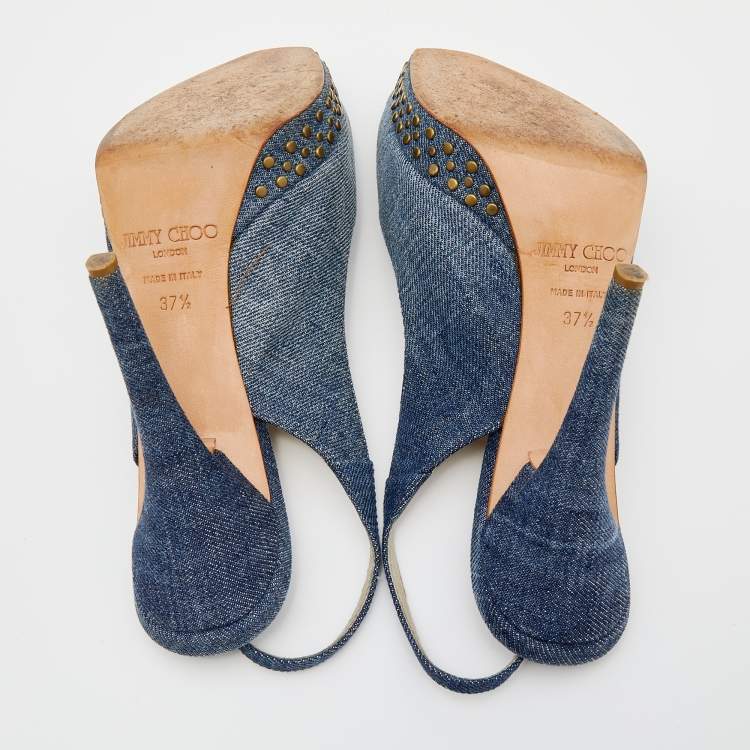 Pre Owned Jimmy Choo Blue Denim Peep Toe Slingback Sandals Size 37.5