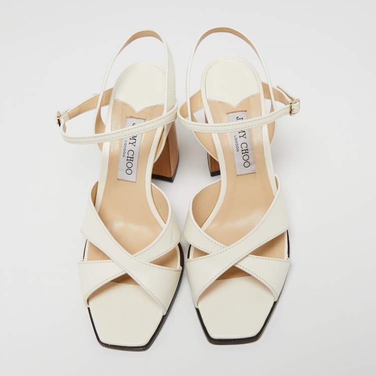 Pre Owned Jimmy Choo Off-White Leather Joya Block Heel Sandals Size 40.5
