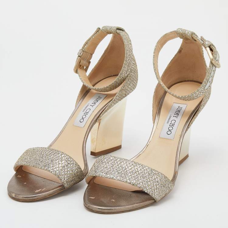 Pre Owned Jimmy Choo Metallic Gold Glitter Ankle Strap Sandals Size 39.5