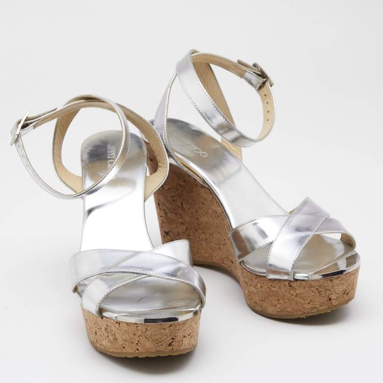 مملوكة مسبقًا Jimmy Choo Silver Leather Lucia Cross Strap Cork Wedge Platform Sandals Size 40