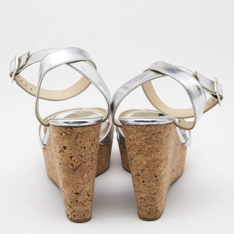 مملوكة مسبقًا Jimmy Choo Silver Leather Lucia Cross Strap Cork Wedge Platform Sandals Size 40
