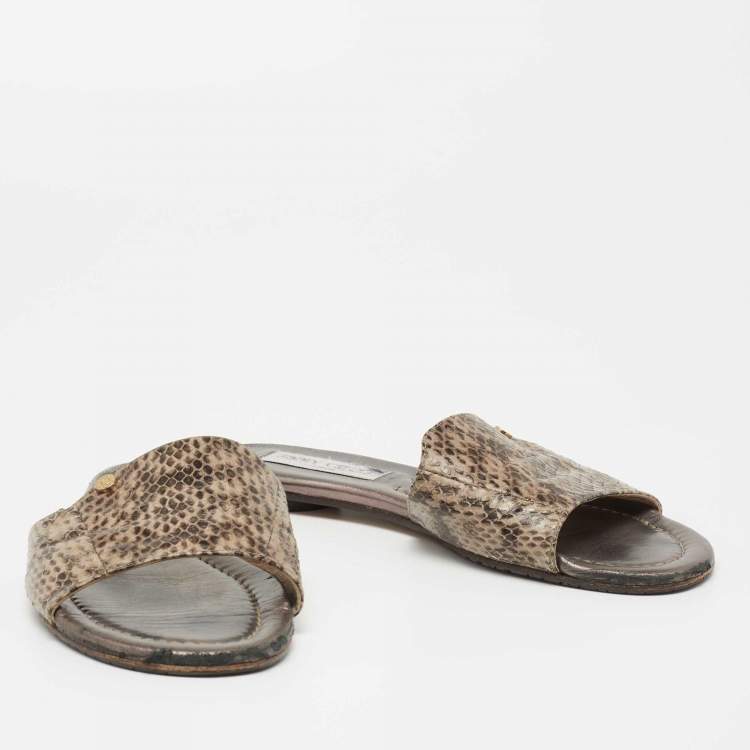 Pre Owned Jimmy Choo Grey Snakeskin Leather Nanda Flat Slide Sandals Size 37