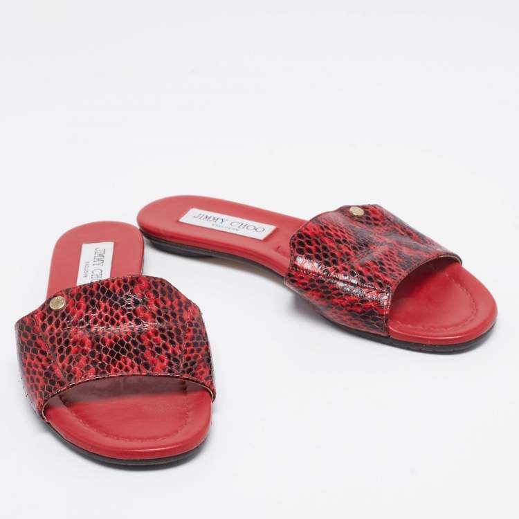 مملوكة مسبقًا Jimmy Choo Red/Black Python Leather Nanda Flat Slides Size 36