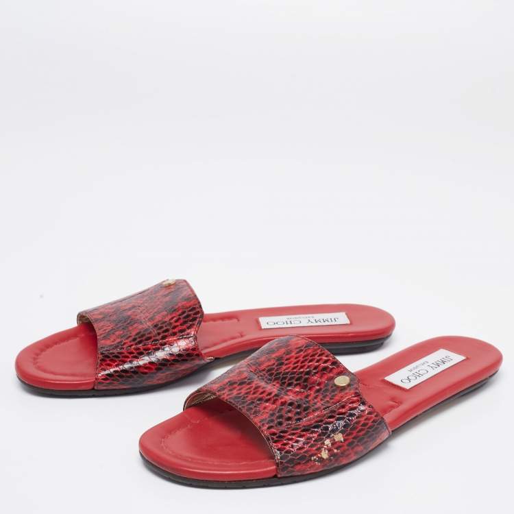 مملوكة مسبقًا Jimmy Choo Red/Black Python Leather Nanda Flat Slides Size 36