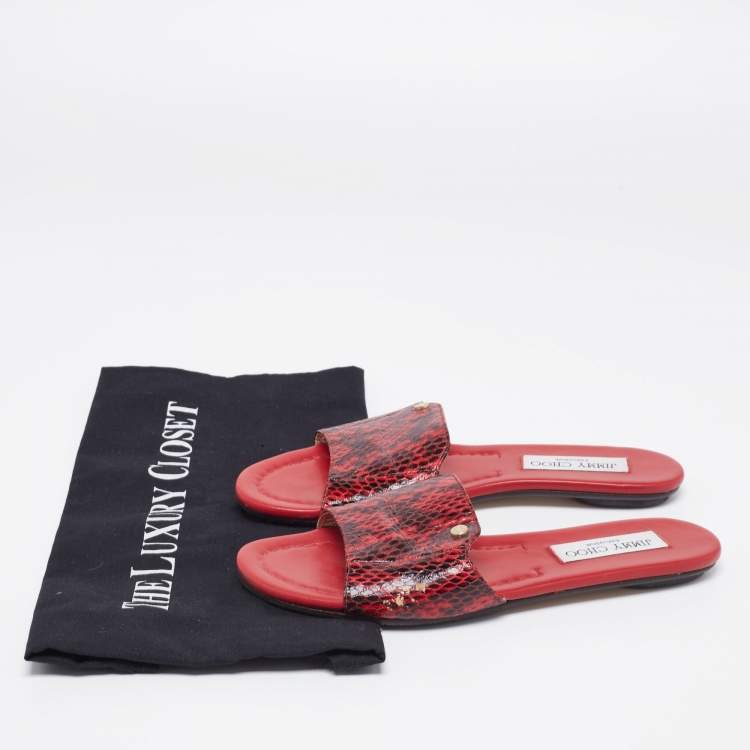 مملوكة مسبقًا Jimmy Choo Red/Black Python Leather Nanda Flat Slides Size 36