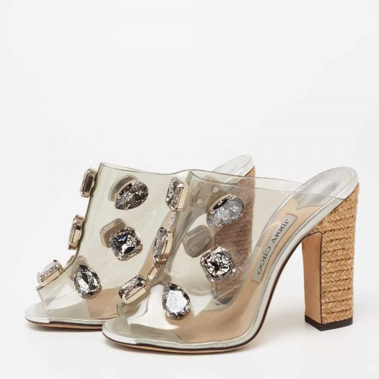 Pre Owned Jimmy Choo Silver Leather and PVC Crystal Embellished Mule Sandals Size 38
