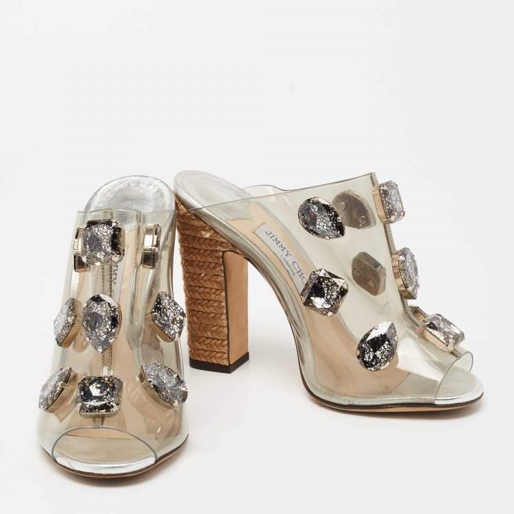 Pre Owned Jimmy Choo Silver Leather and PVC Crystal Embellished Mule Sandals Size 38
