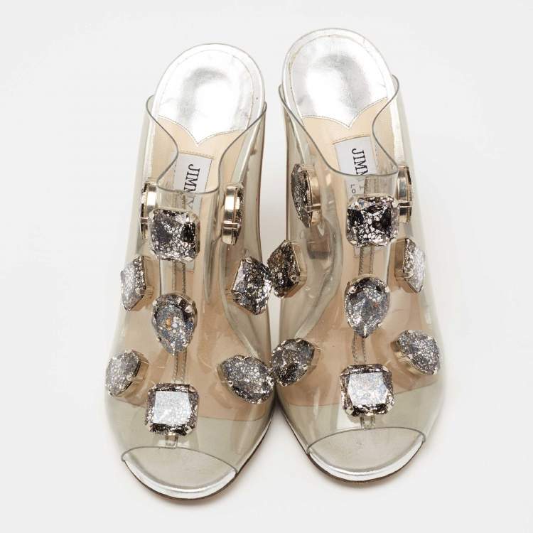 Pre Owned Jimmy Choo Silver Leather and PVC Crystal Embellished Mule Sandals Size 38