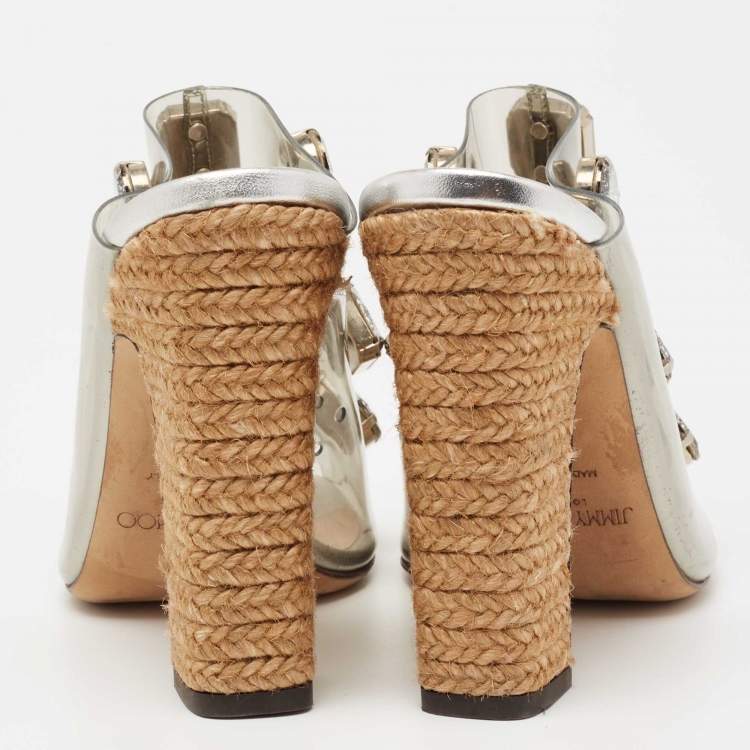 Pre Owned Jimmy Choo Silver Leather and PVC Crystal Embellished Mule Sandals Size 38